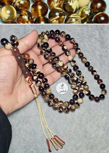 مسباح كهرمان سومطري طبيعي اصلي 99 خرزه سبحة فخمه