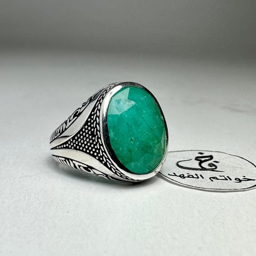 خاتم فضه فخم بحجر زمرد افريقي طبيعي فاخر