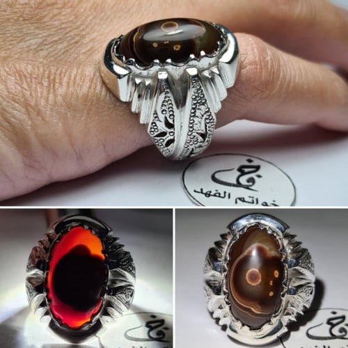 خاتم فضه فخم بحجر عقيق سليماني مصور رأس طير طبيعي...
