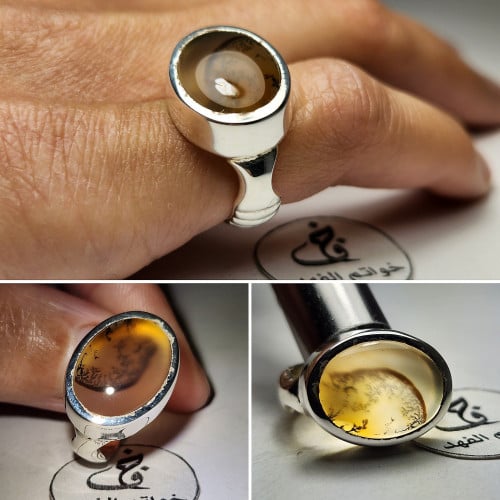 خاتم فضه ملكي فخم بحجر عقيق يمني شجري طبيعي نادر ث...