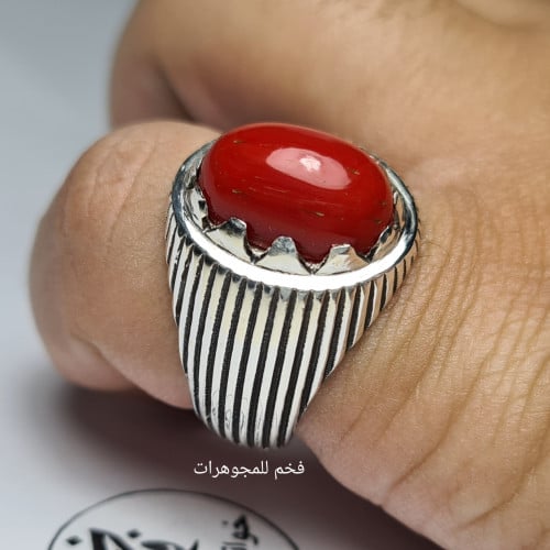 خاتم فضه مميز بحجر مرجان ايطالي فخم