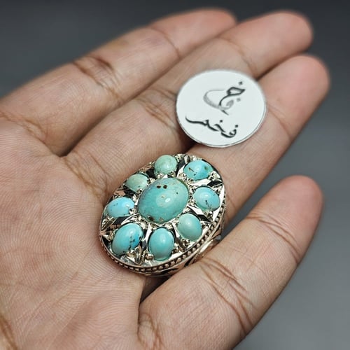 خاتم فضه تصميم فخم مرصع 9 احجار فيروز نيشابوري اير...