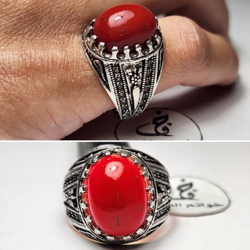 خاتم فضه يمني مميز بحجر مرجان طبيعي فخم مع تعديل ا...