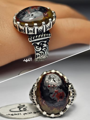 خاتم فضه اسطوري نقش يدوي حجر الدم اليمني طبيعي مصو...