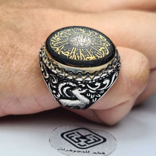 خاتم فضه فخم بحجر هيماتيت حديد صيني مذهب مميز منقو...