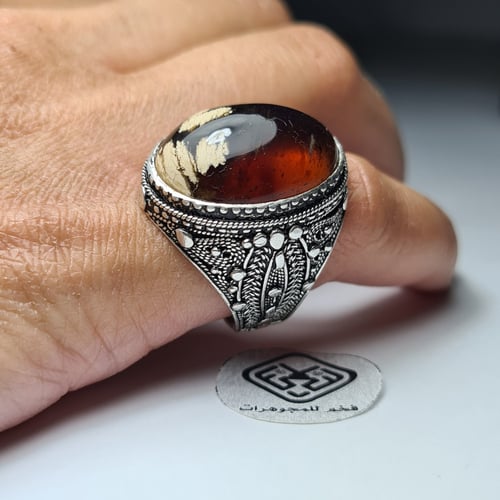 خاتم فضه يمنية فخمه بحجر كهرمان طبيعي سومطري فاخر...