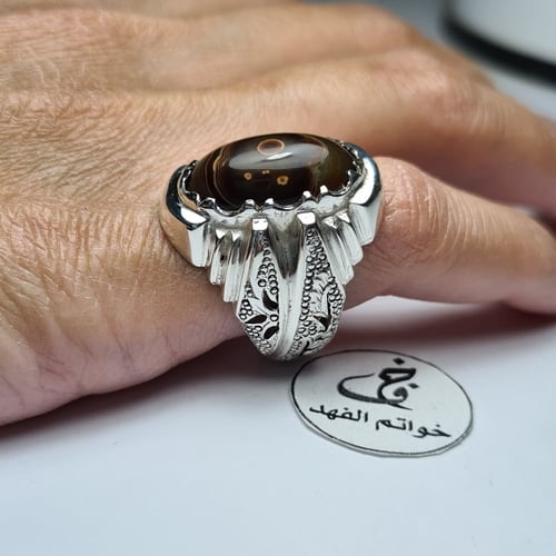 خاتم فضه فخم بحجر عقيق سليماني مصور رأس طير طبيعي...