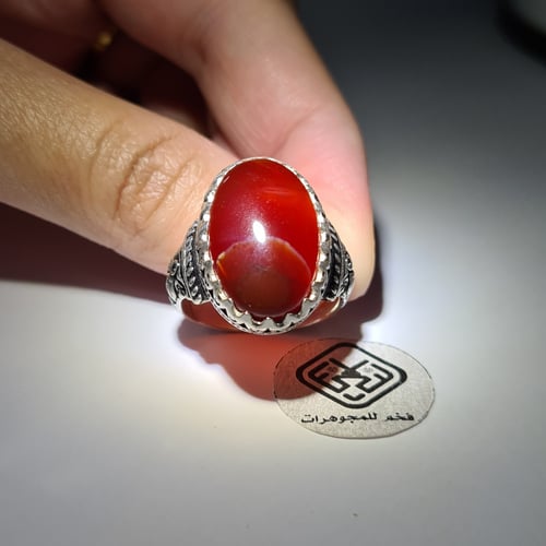 خاتم فضه فخم نقش يدوي نادر تصميم مميز بحجر عقيق يم...