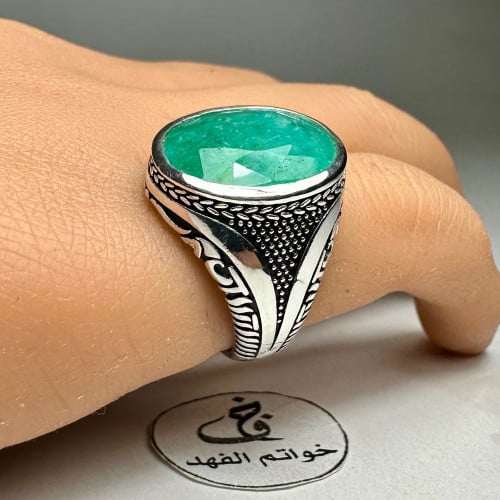 خاتم فضه فخم بحجر زمرد افريقي طبيعي فاخر
