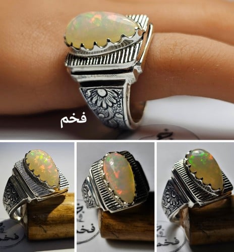 خاتم فضه تصميم فخم نقش يدوي حجر اوبال اثيوبي طبيعي...