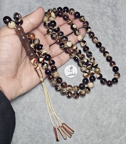 مسباح كهرمان سومطري طبيعي اصلي 99 خرزه سبحة فخمه