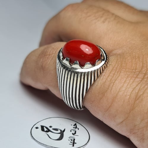 خاتم فضه مميز بحجر مرجان ايطالي فخم