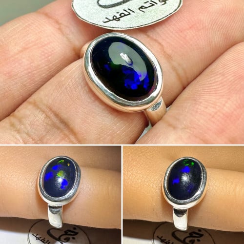 خاتم فضه ملكي فخم بحجر أوبال أثيوبي طبيعي اوبال فا...