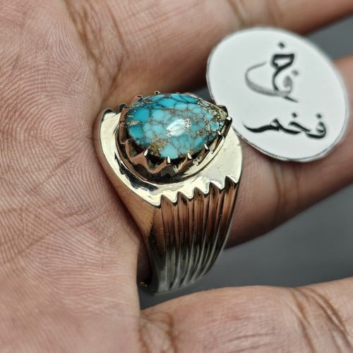 خاتم فضه تصميم فخم حجر فيروز نيشابوري ايراني عنكبو...