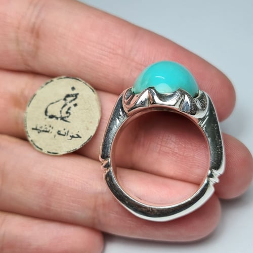 خاتم فضه مميز بحجر فيروز إيراني طبيعي
