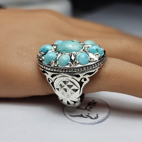 خاتم فضه تصميم فخم مرصع 9 احجار فيروز نيشابوري اير...