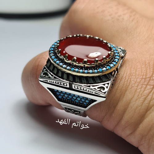 خاتم فضه تركي مميز بحجر عقيق يمني طبيعي طلب خاص لع...