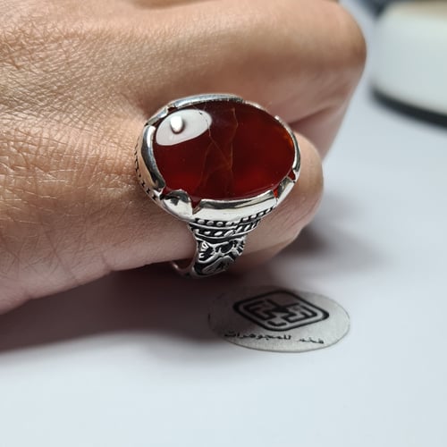خاتم فضه فخم نقش يدوي نادر تصميم مميز بحجر عقيق يم...