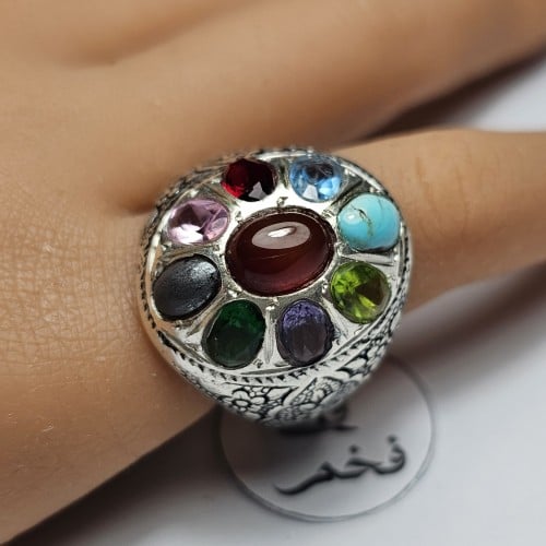 خاتم الحكمه مرصع 9 أحجار فضه منقوش يدوي ، عقيق يمن...
