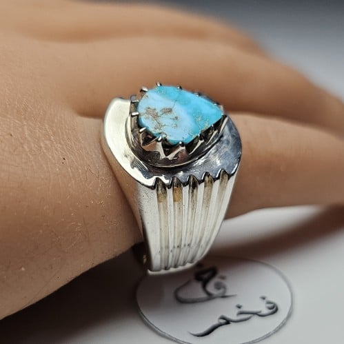 خاتم فضه تصميم فخم حجر فيروز نيشابوري طبيعي الدمعه...