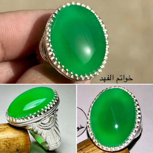 خاتم فضه فاخر حجر عقيق يمني اخضر طبيعي فاخر جدا