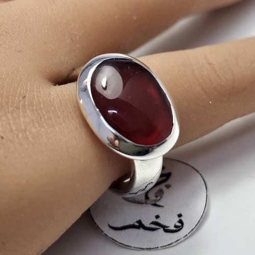 خاتم ملكي فضه فخم حجر عقيق يماني طبيعي احمر فيمتو...
