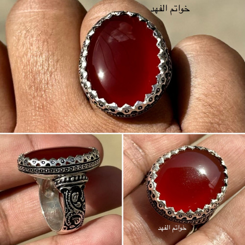خاتم اسطوري فخم بحجر عقيق يمني احمر ياقوتي رماني ف...