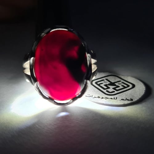 خاتم فضه فخم بحجر كهرمان سومطري طبيعي اسود نادر بط...