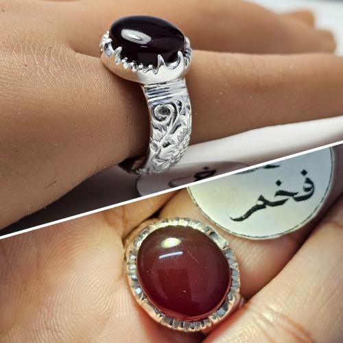 خاتم ملكي فضه نقش يدوي نادر حجر عقيق كرزي طبيعي قر...