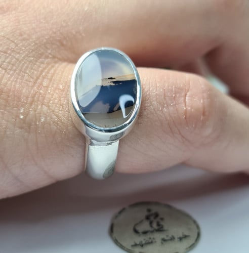 خاتم فضه ملكي فخم بحجر عقيق يمني طبيعي مصور رأس با...