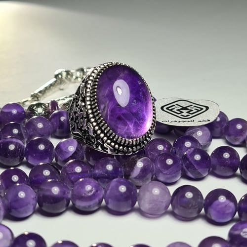 خاتم فضه فخم بحجر جمشت أماتيست طبيعي فاخر جدا لون...