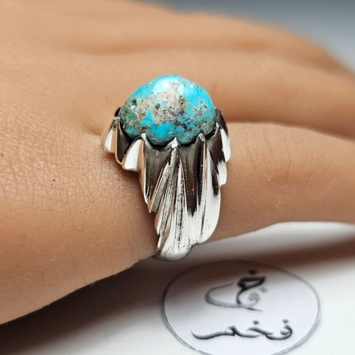 خاتم فضه تصميم مميز حجر فيروز نيشابوري طبيعي فخم