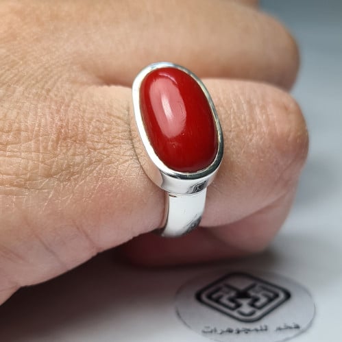 خاتم فضه فخم بحجر مرجان طبيعي فاخر