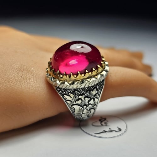 خاتم فضه نقش مميز بحجر ياقوت فرنسي فخم