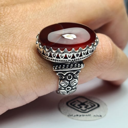 خاتم فضه فخم نقش يدوي نادر تصميم مميز بحجر عقيق يم...
