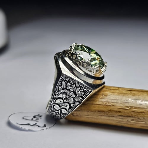 خاتم فضه فخم نقش يدوي حجر مازونايت ألماس امريكي فا...