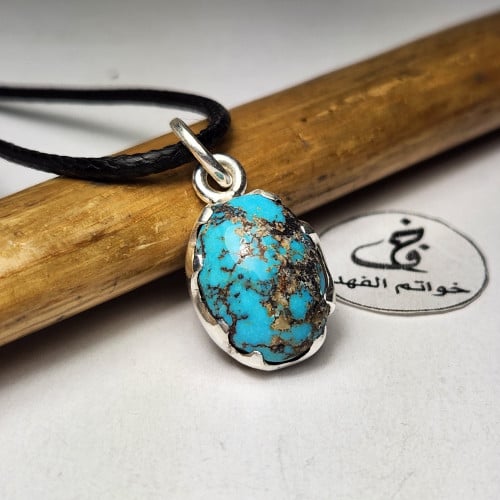 قلادة فضه فخمه بحجر فيروز نيشابوري طبيعي مميز مع س...