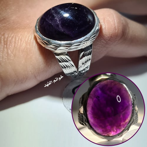 خاتم فضه فخم ومميز بحجر أماتيست جمشت طبيعي فاخر