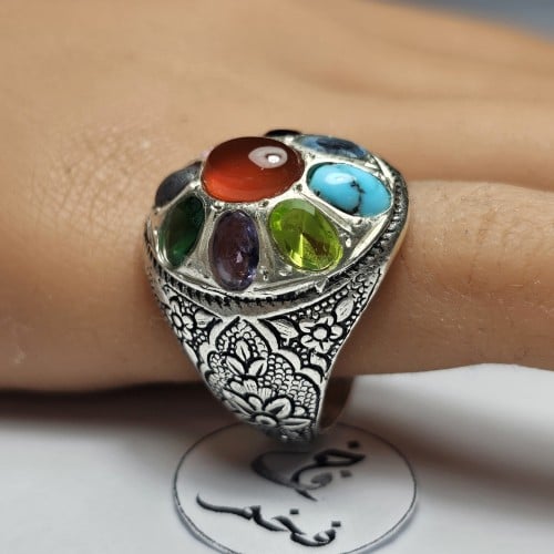 خاتم الحكمه مرصع 9 أحجار فضه منقوش يدوي ، عقيق يمن...