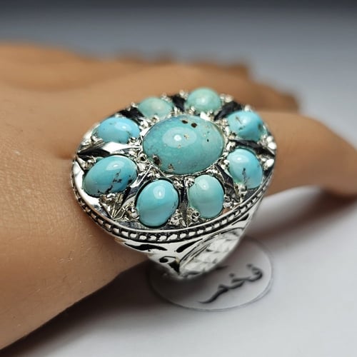 خاتم فضه تصميم فخم مرصع 9 احجار فيروز نيشابوري اير...