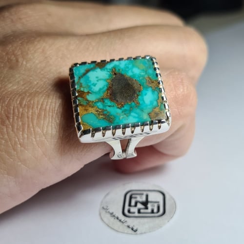 خاتم فضه فخم تصميم مميز بحجر فيروز نيشابوري طبيعي...