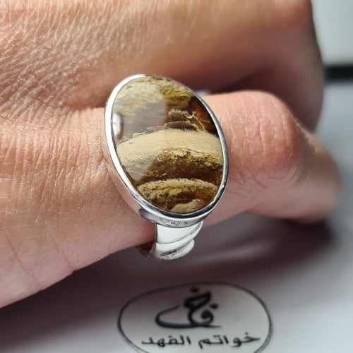 خاتم فضه ملكي فخم بحجر كهرمان طبيعي سومطري