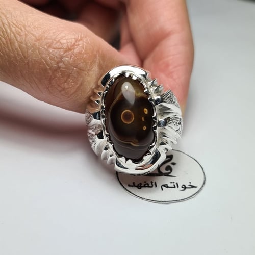 خاتم فضه فخم بحجر عقيق سليماني مصور رأس طير طبيعي...