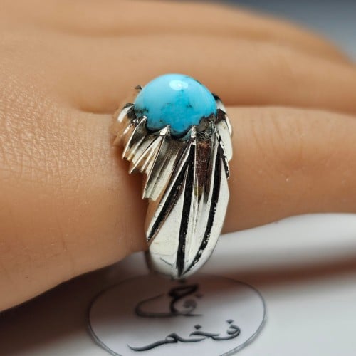 خاتم فضه تصميم مميز حجر فيروز نيشابوري طبيعي فخم