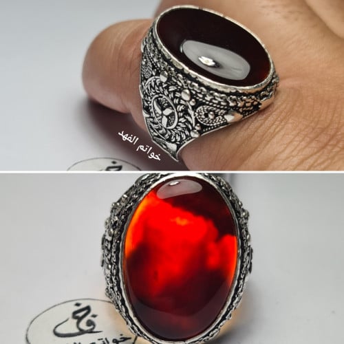 خاتم فضه يمني فخم بحجر عقيق يمني كرزي طبيعي فاخر