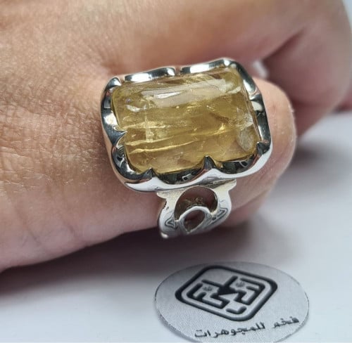 خاتم فضه فخم بحجر روتيل ذهبي مميز جدا