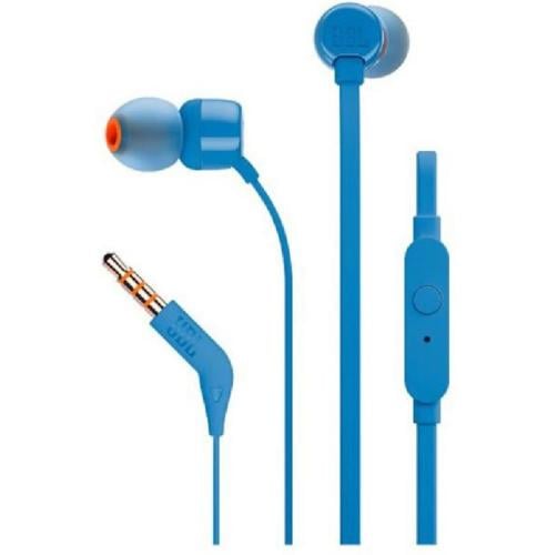 JBL T110 Wired In-Ear Headphones featuring Pure Bass sound—deep and powerful—with a microphone, one-button control, a tangle-free...