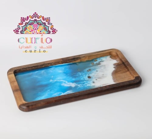 صحن تقديم من الخشب الطبيعي + طبقة من الريزن ، لوني...
