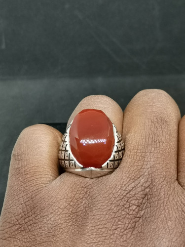 خاتم الفضة بحجر عقيق خرساني ايراني أحمر مترش بصياغ...