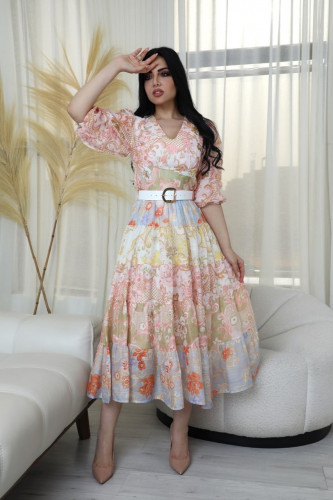 فستان ميد براندي بحزام ابيض